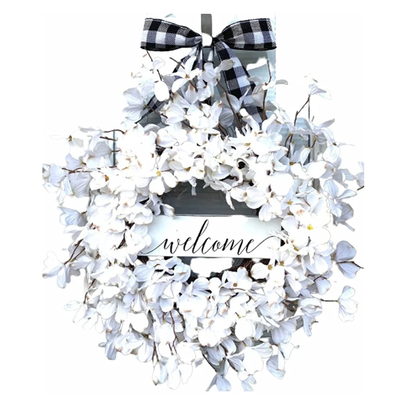 White Wreath Artificial Plaid Bowknot Hanging Ornament for Wedding Farmhouse Front Door Wall Drop shipping