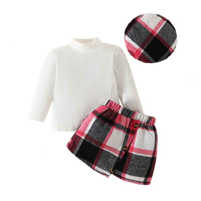 

Girls Set Autumn New Fashion Baby Girls Long Sleeve Turtleneck T-shirt with Plaid Skirt and Hat Set Toddler Clothing 0-3Y