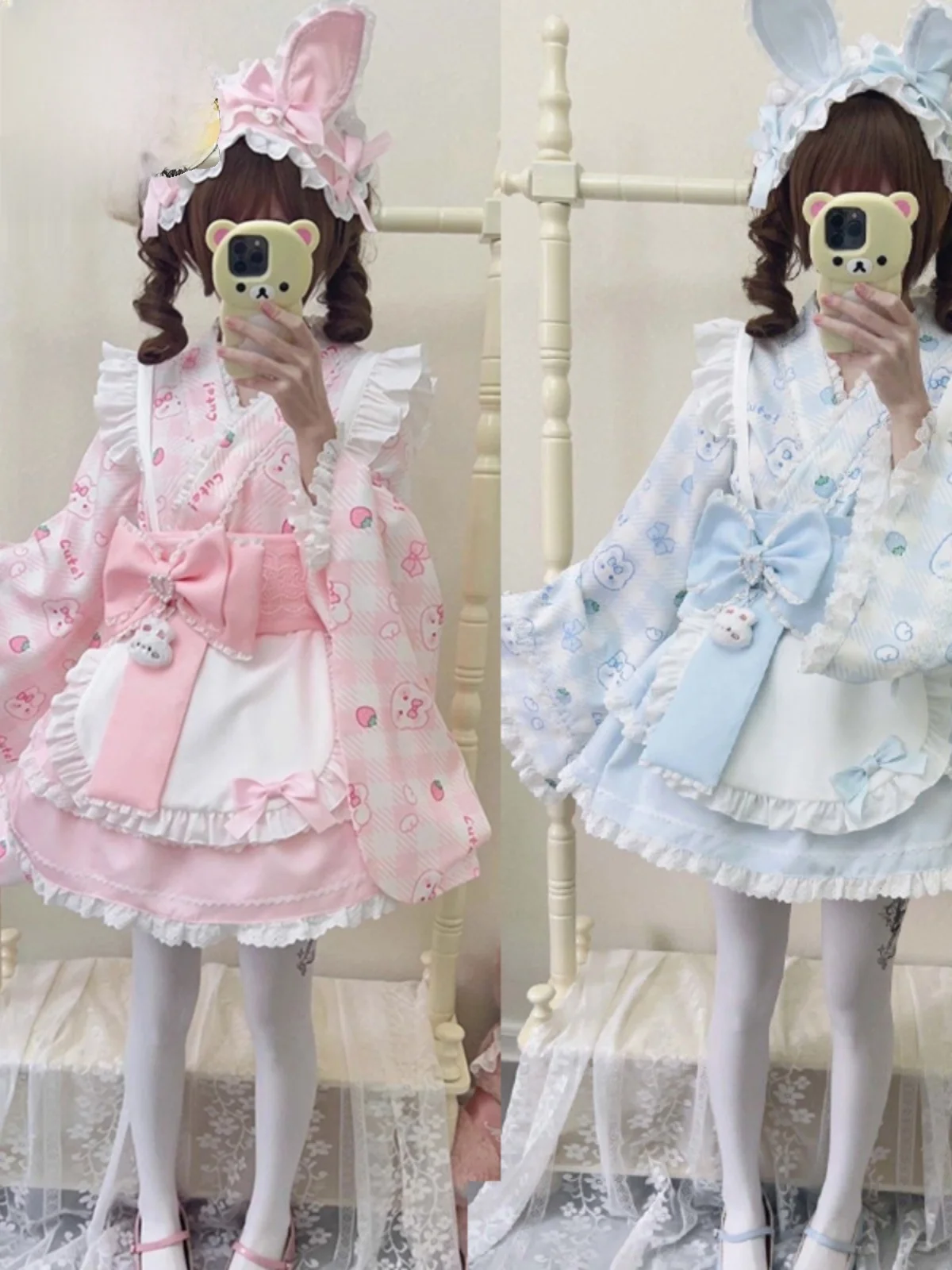 Lolita Maid Uniform Set Spring Rabbit Soft Girl Cute Japanese Style High Waist Pleated Skirt Long Sleeve Cartoon Print Dress