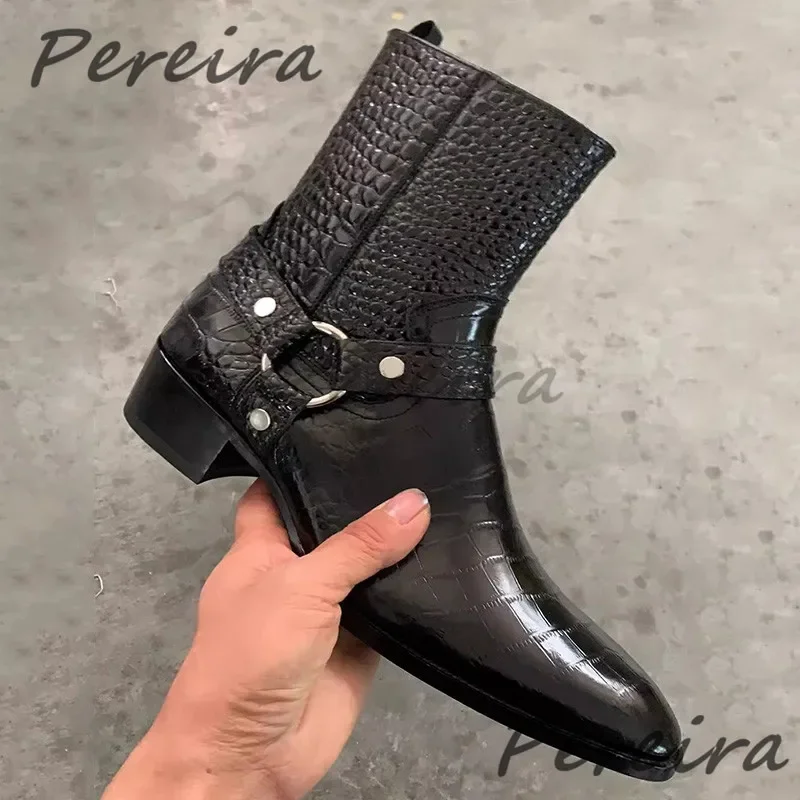 Black Crocodile Pattern Chelsea Boots Fashion Metal Ring Pointed Toe Side Zipper Short Booties Cow Leather Business Men Shoes