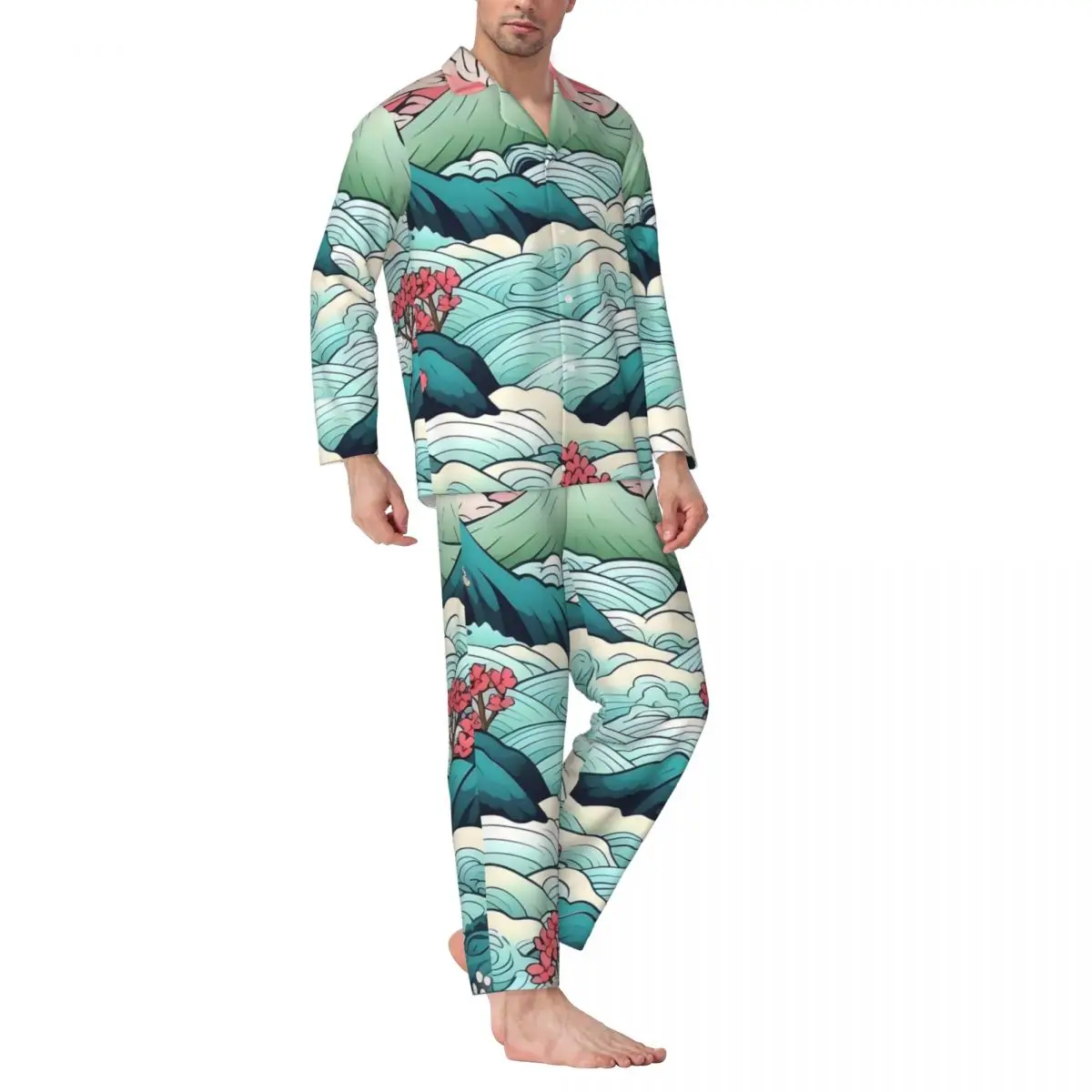 Japanese Art Sleepwear Autumn Japanese landscape Retro Oversized Pajama Sets Mens Long Sleeve Kawaii Bedroom Design Nightwear