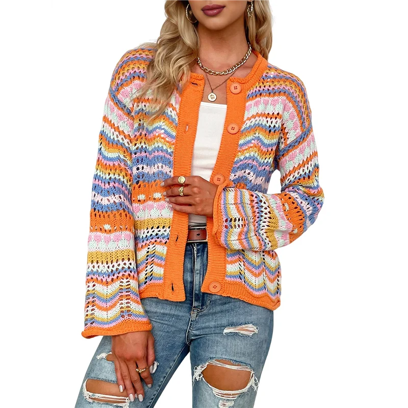 

ABKP-Женский разноцветный полосатый вязаный крючком кардиган с круглым вырезом и расклешенными рукавами на пуговицах Y2K свитер пальто
