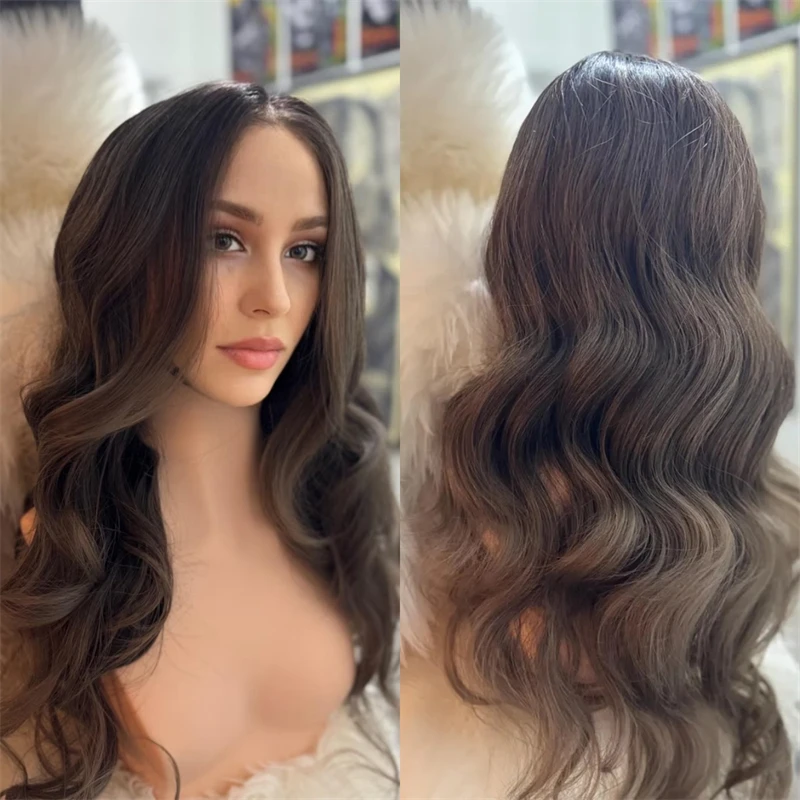 

Ombre Dark Brown Wavy Wig for Women 13x4 Transparent Wigs Middle Part Wavy Natural Looking Synthetic Heat Resistant Fiber Wigs