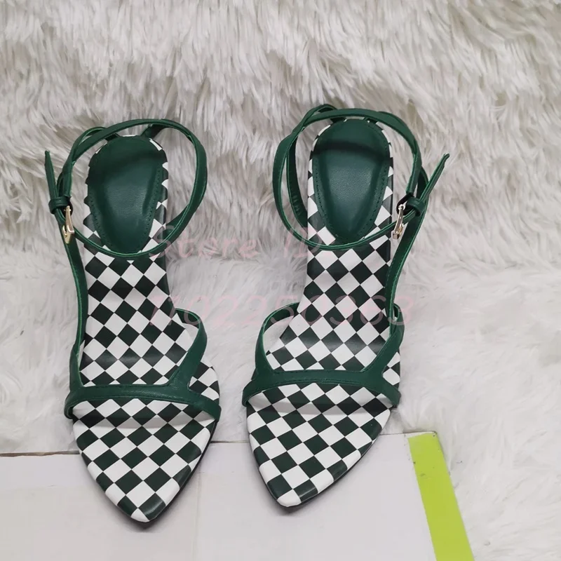 Patchwork Lattice Leather Thin High Sandals Open Toe Back Buckle Ankle Strap Slim Stiletto Pumps 2024 Women Fashion Sexy Shoes
