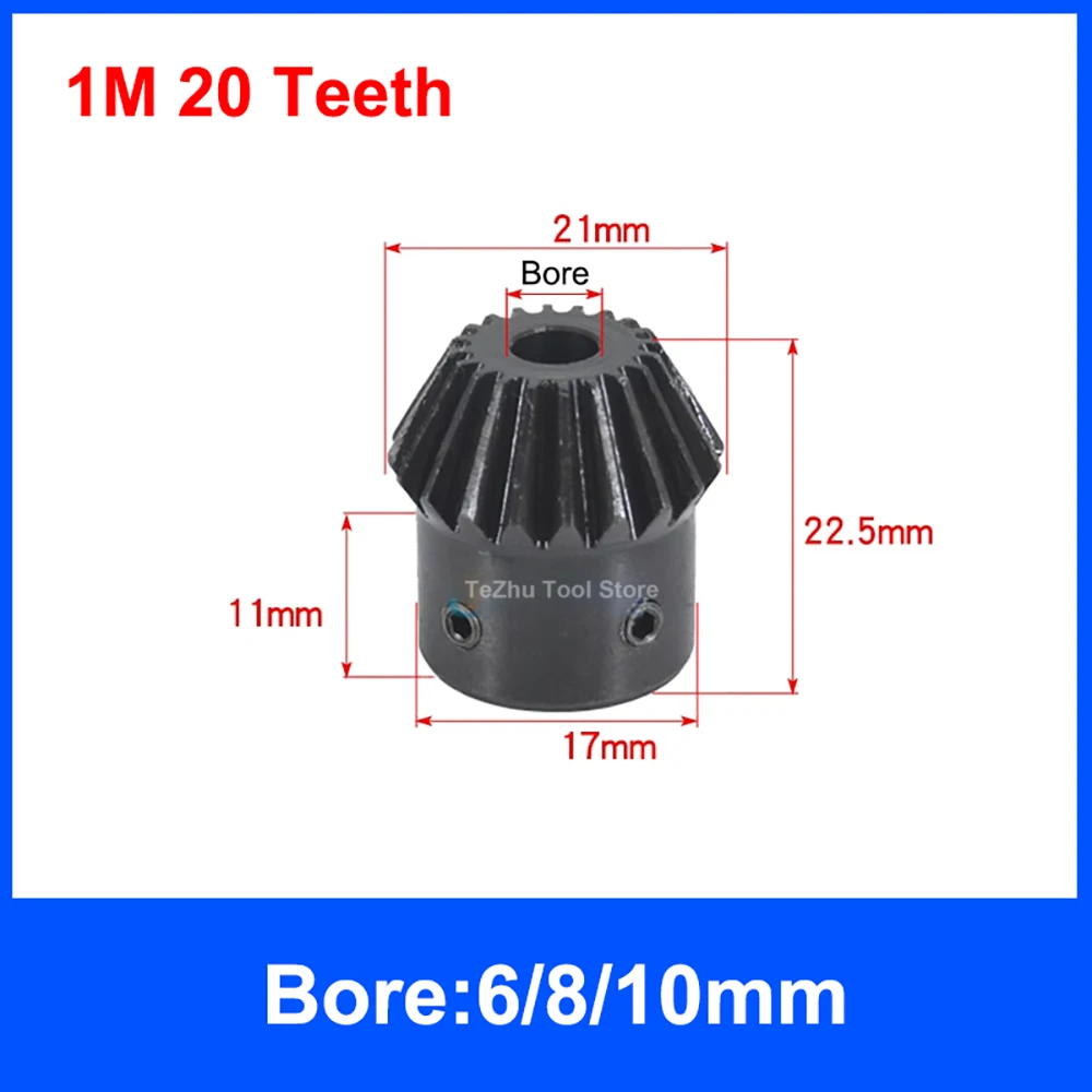 1PCS Single 45# Steel 90 Degree 1 Module Bevel Gear 20 Teeth & 40 Teeth Meshing Angle Gear Speed Ratio 1:2 Keyway Bore 6mm-20mm