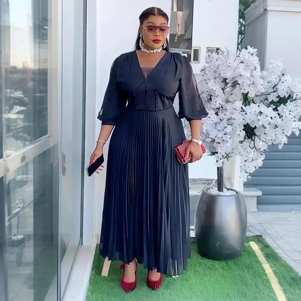 فساتين أفريقية أنيقة للنساء شيفون مطوي طويل فستان الحفلات المسائية ثوب زفاف أنقرة Dashiki أفريقيا الملابس رداء جديد