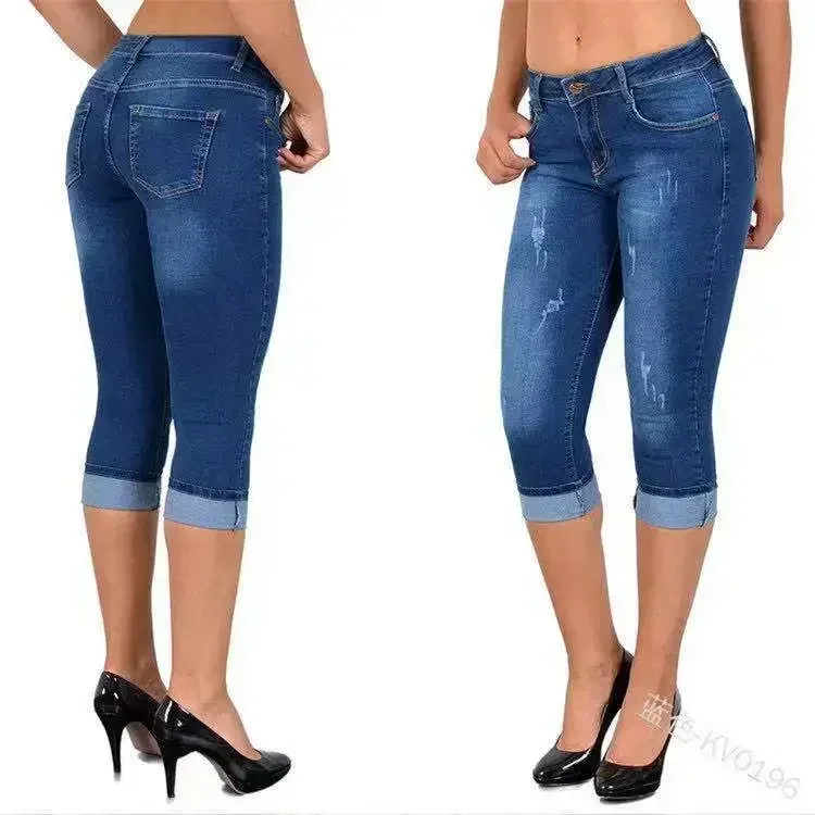 Summer Women Jeans Knee Length Pencil Pants Sheath High Waist Denim Slim Pockets Slight Strech Casual Spring 2026 Solid Color