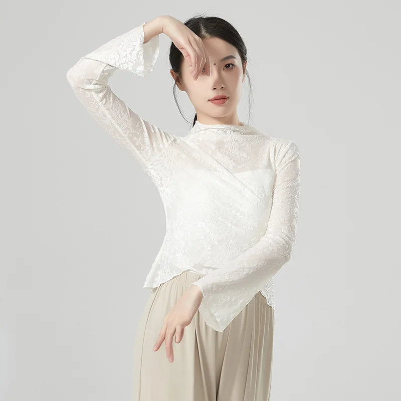 大人スリムフィット花柄メッシュフロックモックネックベリーダンス長袖ブラウスショートトップ衣装女性のための運動ダンス服