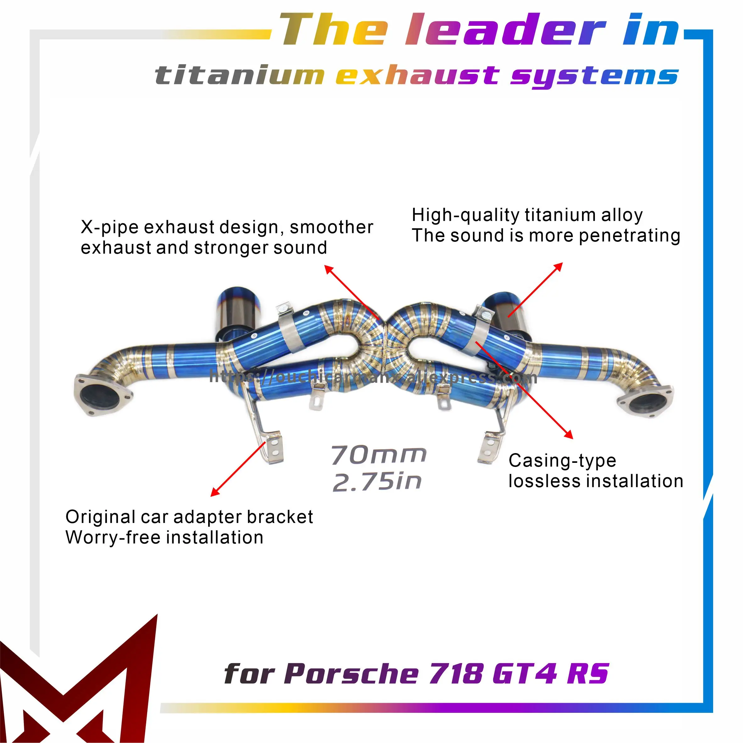 

MANX Exhaust system for Porsche 718 GT4 RS Catback Increase pipe diameter Exact Fit with Tips Ti 70mm