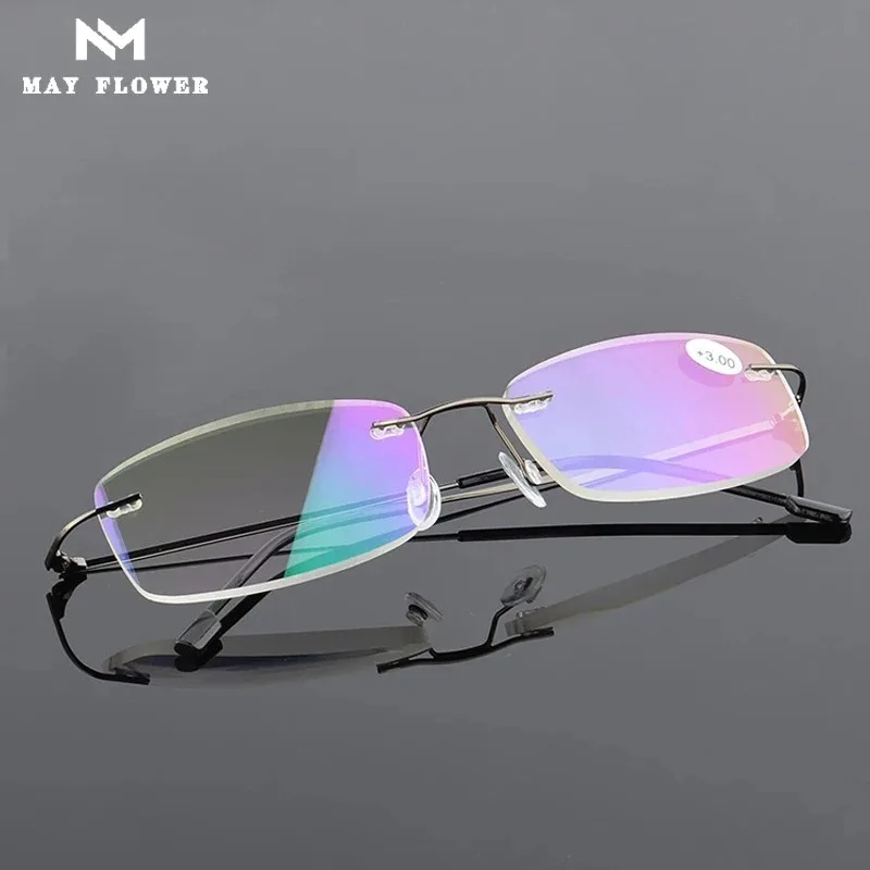Titanrahmen, ultraleichte, randlose Lesebrille mit Memory-Motiv, blaues Licht blockierende, quadratische, rahmenlose Brille +1+2+3