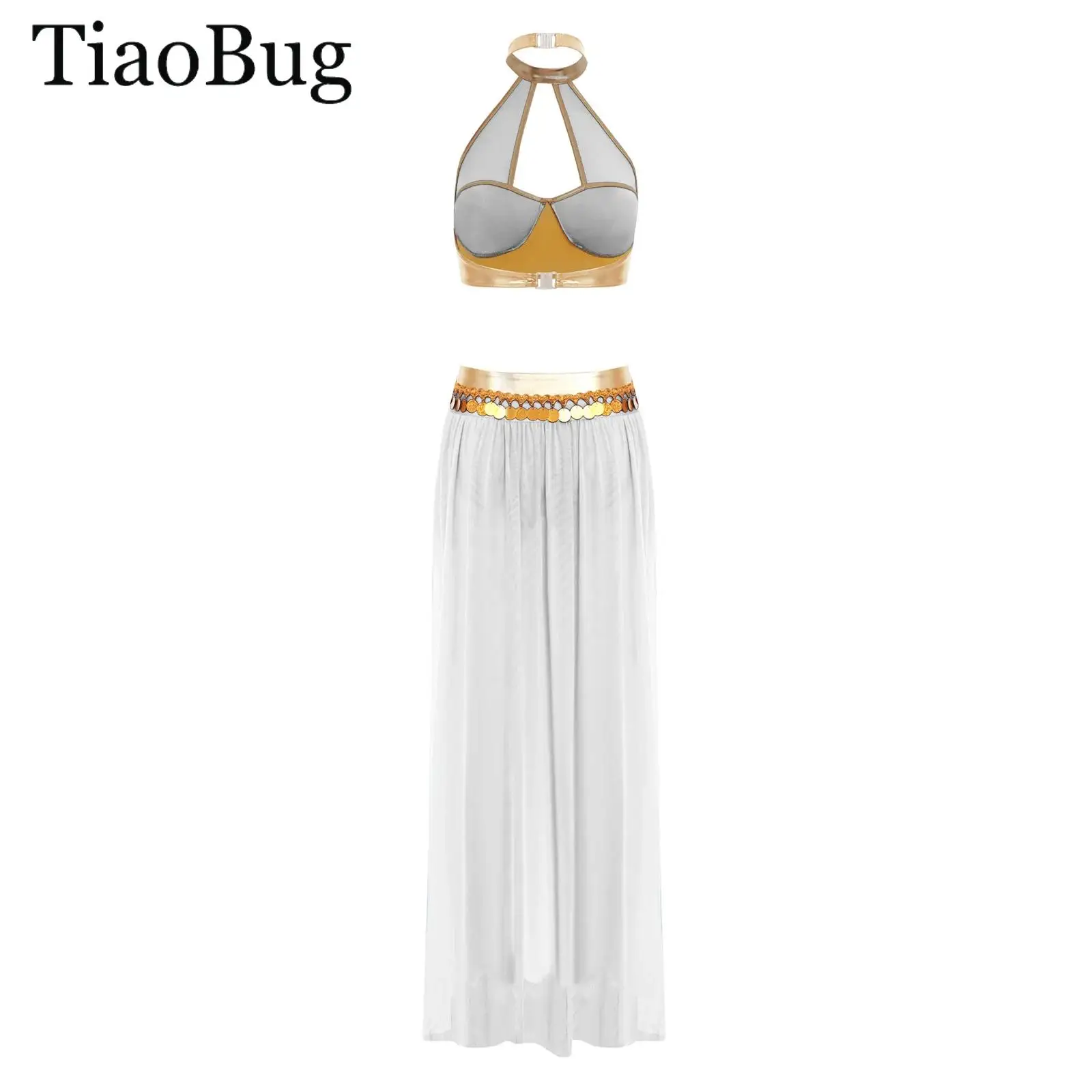 

Women Halloween Egyptian Cleopatra Cosplay Costume Halter Metallic Sequin Crop Top And Tassel Split Mesh Skirt Belly Dance Set