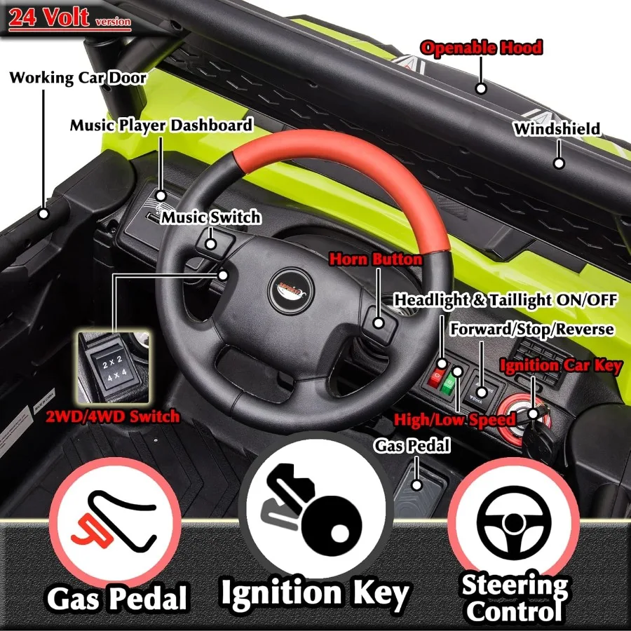 24V 電動乗用車 リモコン付き 4x4 バッテリー駆動 4輪 乗用玩具 子供用 電動車両 EVAタイヤ、Bluetooth搭載