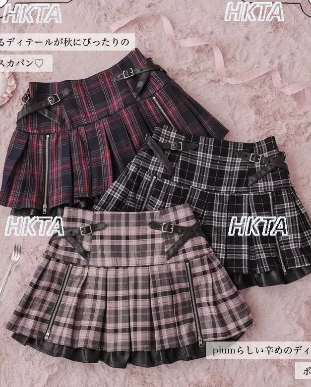 Japanese Plaid Pleated Skirt Autumn New High Waist Leather Buckle Strap Zipper Short Skirt Women Short Sleeve Knitted Shirt Top