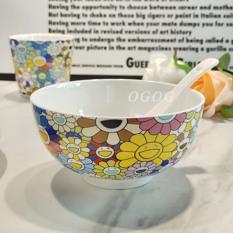 

Стильный мультяшный принт подсолнечника, милая костяная фарфоровая тарелка в стиле вестерн, миска, ложка, набор из пяти предметов, керамическая посуда, трансграничная домашняя посуда