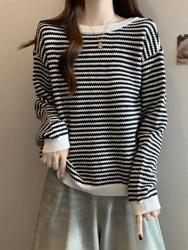 سترة محبوكة مخططة حمراء غير متناظرة للنساء فضفاضة تناسب غير رسمية Sle الكورية Faion با القوس عقدة