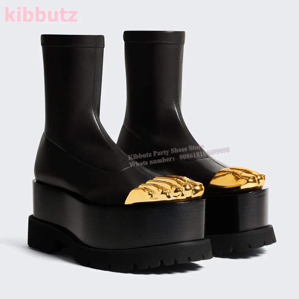 Golden Brass Ankle Boots Five Finger Platform Thin Heel Genuine Leather Back Zipper Fashion Novelty Luxury Sexy Women Shoes New