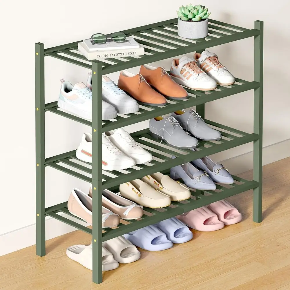

Smiry Bamboo Shoe Rack or Closet, 4 Tier Wooden Stackable Shoe Organizer, ree Standing Shoes Storage Shel or Entryway, ront Door