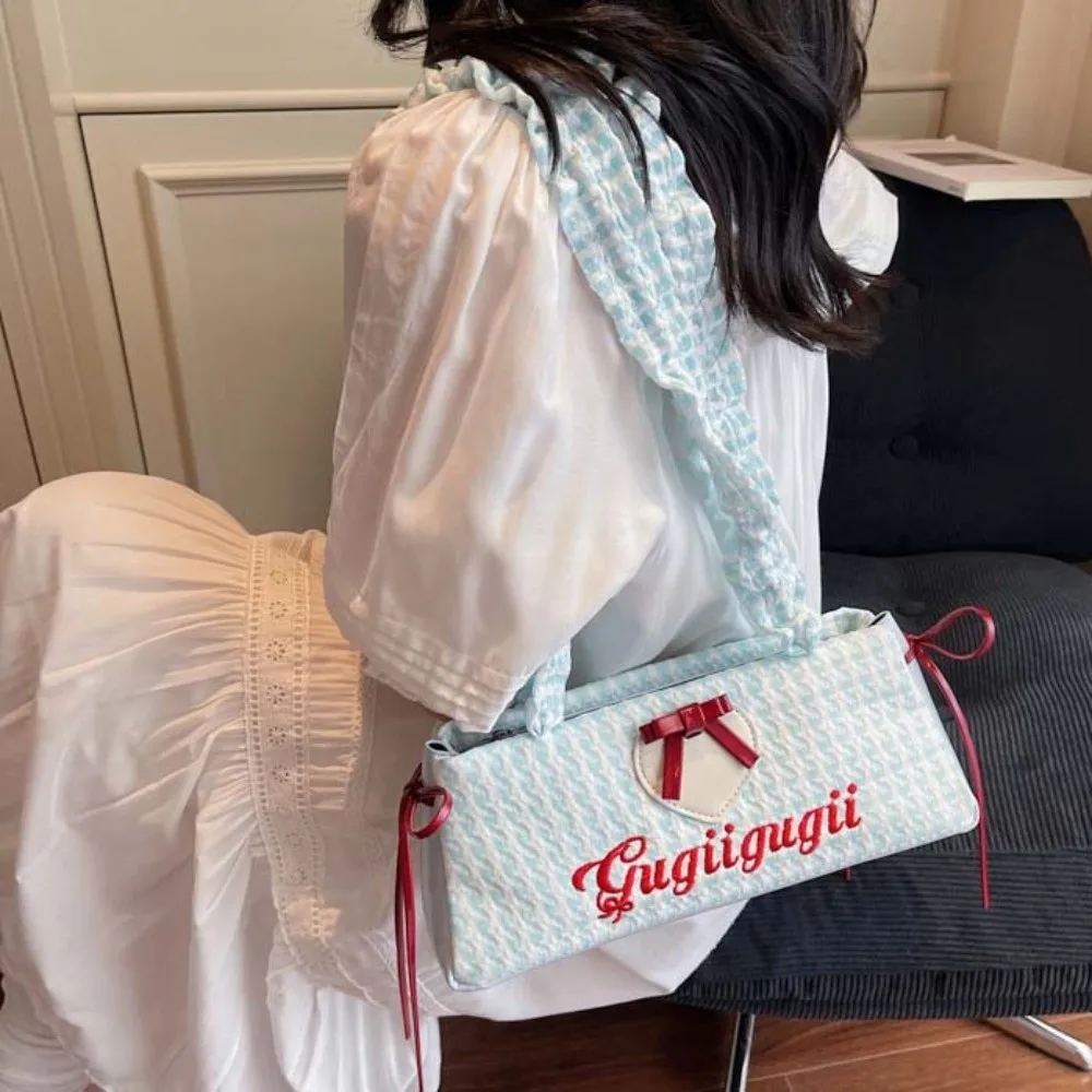 

Drawstring Shoulder Strap French Stick Handbag Pleated Bow Ribbon Plaid Shoulder Bag Korean Style Embroidered Letters