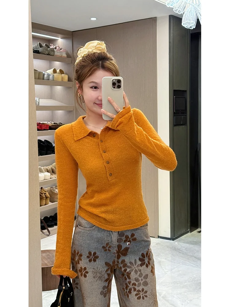

Wang Diding Tea Tone Hollow Design Slim Fit Long Sve Knitted Sweater Casual Sle Cotton Fabric Women's Faion Autumn Winter