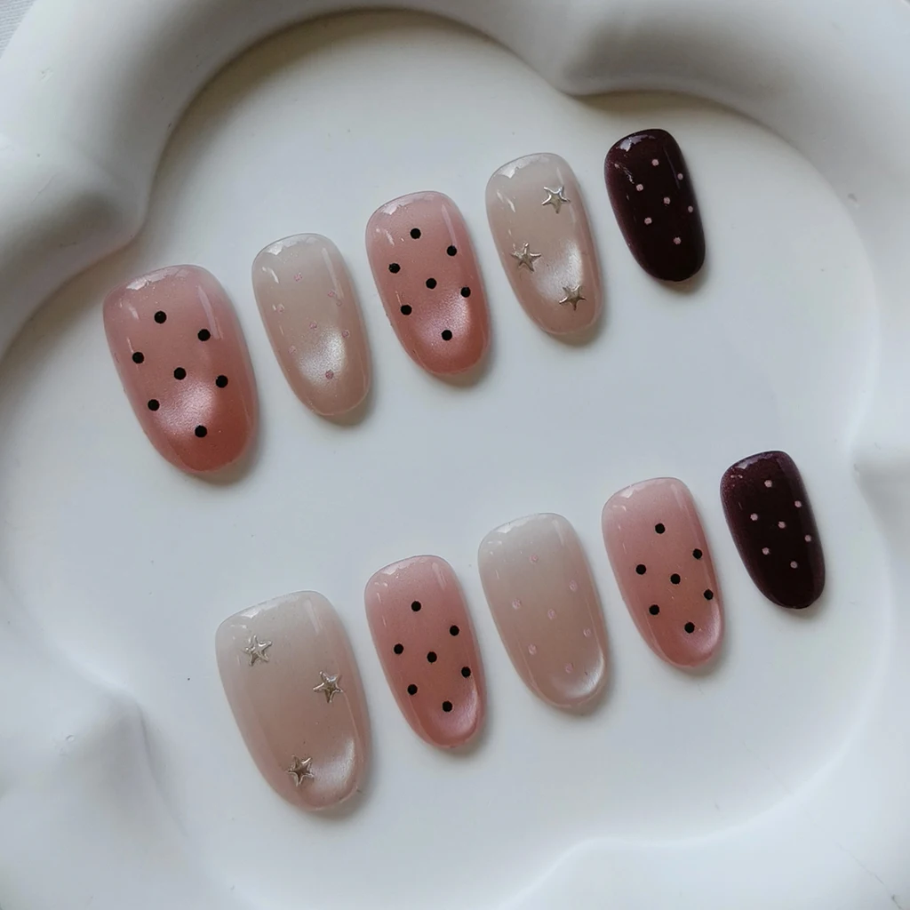 10 Stück Süße Niedliche Vergoldete Polka Dot Sterne Kurze Mandel Wiederverwendbare Nagelkunst Französischer Stil Katzenaugen-Nagelaufkleber Aufklebnägel – Detail 4