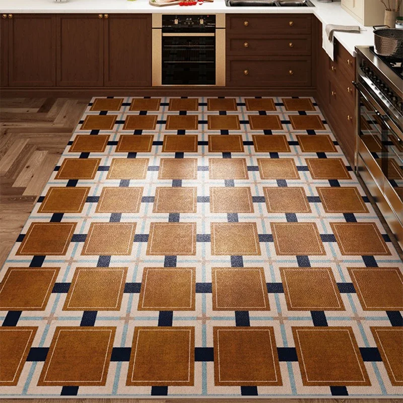 Kitchen Floor Mat Pvc Non-slip Waterproof Carpet Leather Oil-proof Blue Plaid American Home Decoration Rug Alfombra De Cocina