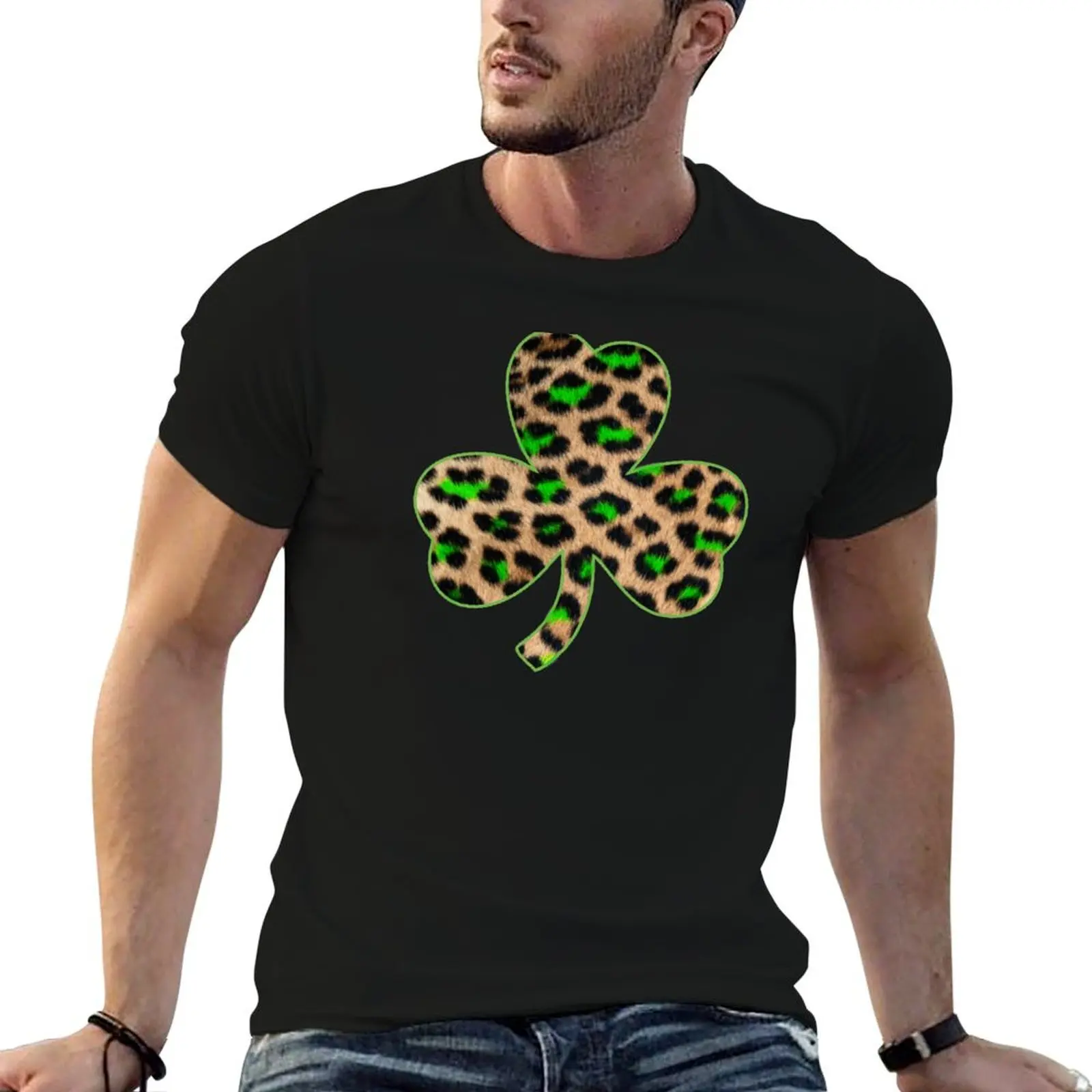 Leopard Shamrock Animal Pattern Funny St Patricks Day Print T-Shirt t shirts with prints t shirts cotton 100% T-Shirt
