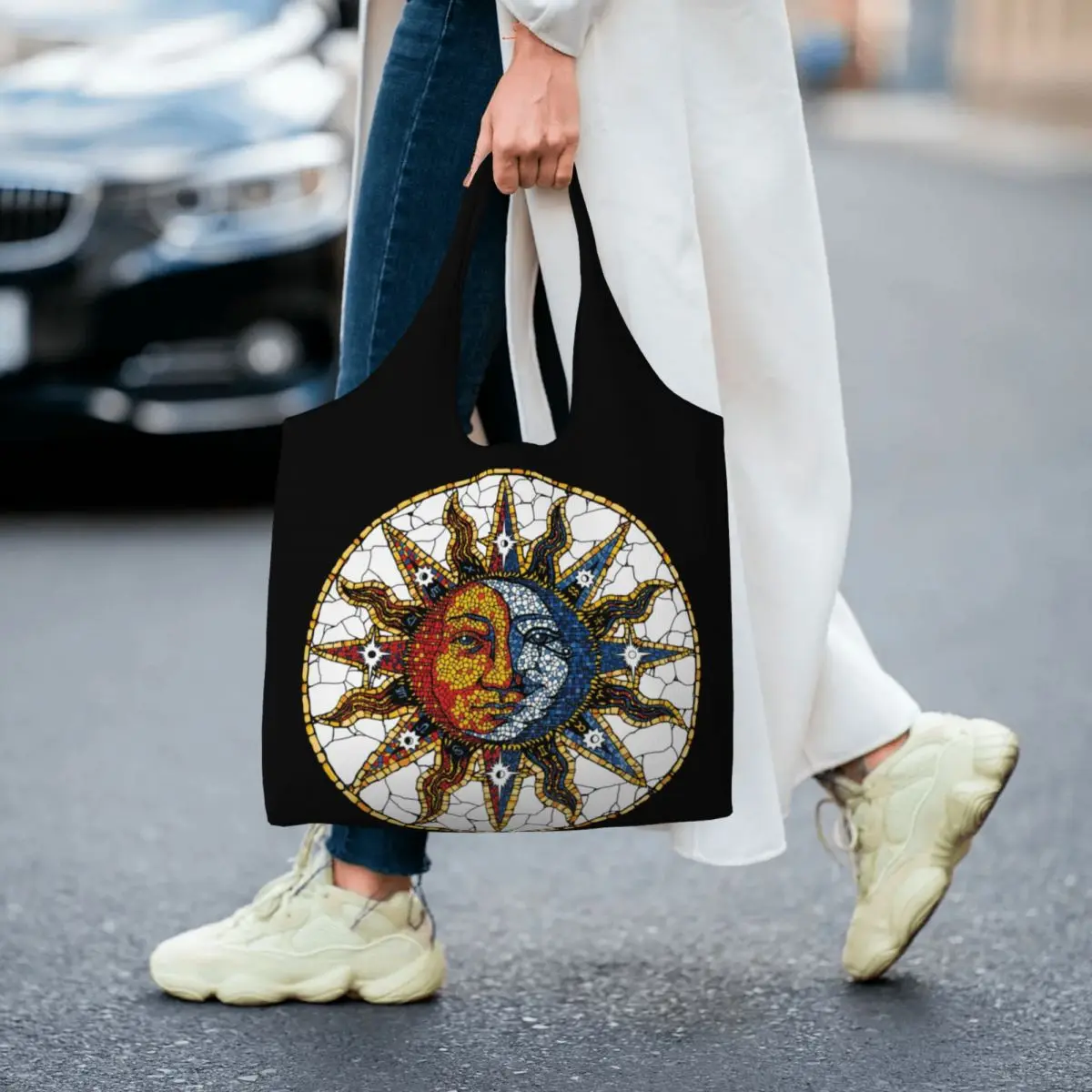 Custom Celestial Mosaic Sun And Moon Coaster Canvas Shopping Bag Women Reusable Large Capacity Grocery Shopper Tote Bags