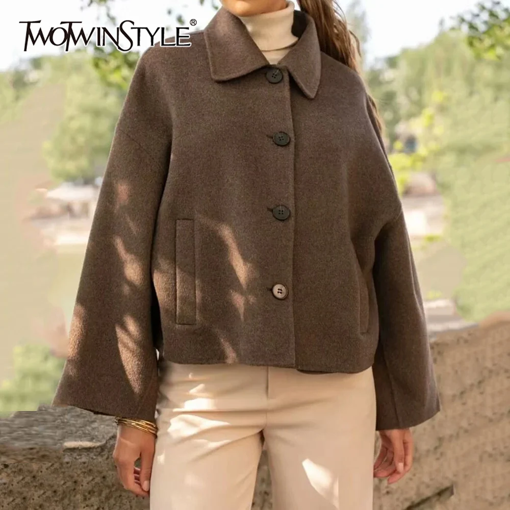 

TWOTWINSTYLE Coffee Minimalist Short Wool Coat for Women Lapel Neck Long Sleeve Spliced Pocket Loose Basics Coats Female Clothes