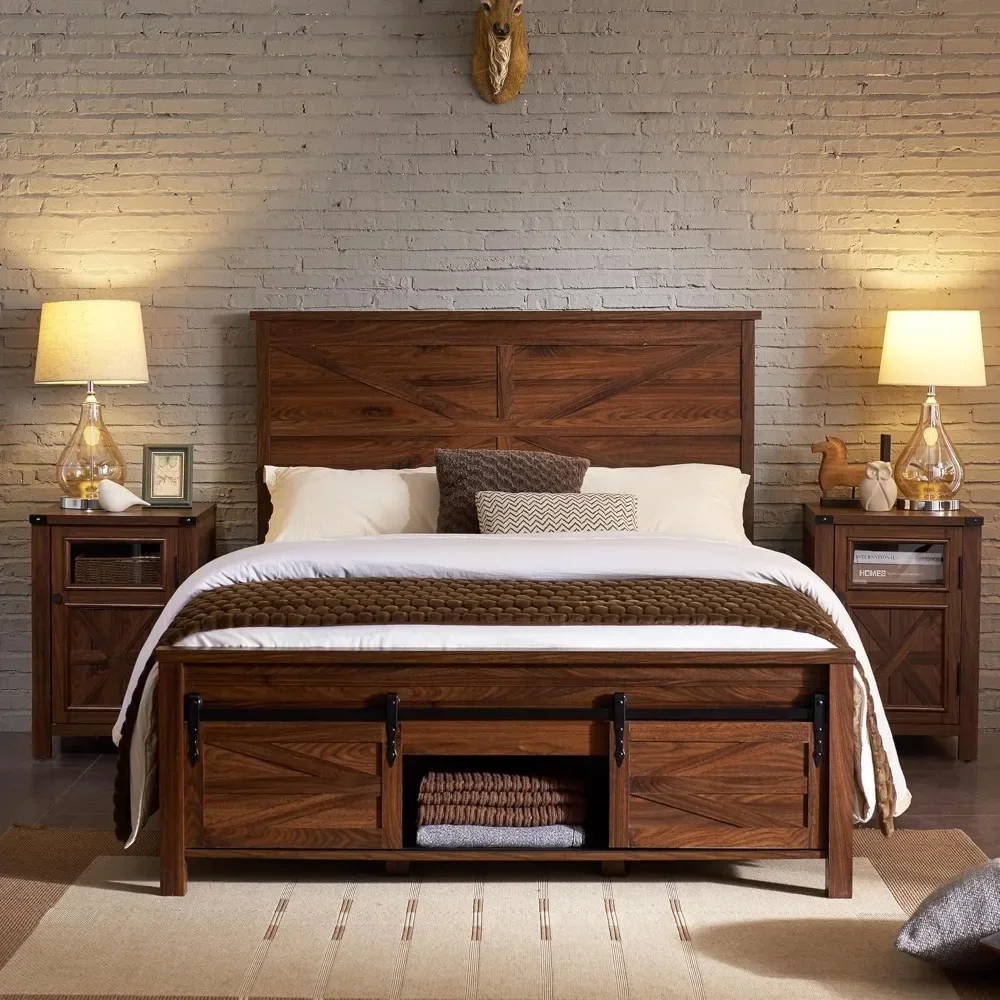 Farmhouse Wood Bed Frame Full Size with Sliding Barn Door Storage Cabinets and Headboard, Solid Wood Slats Support