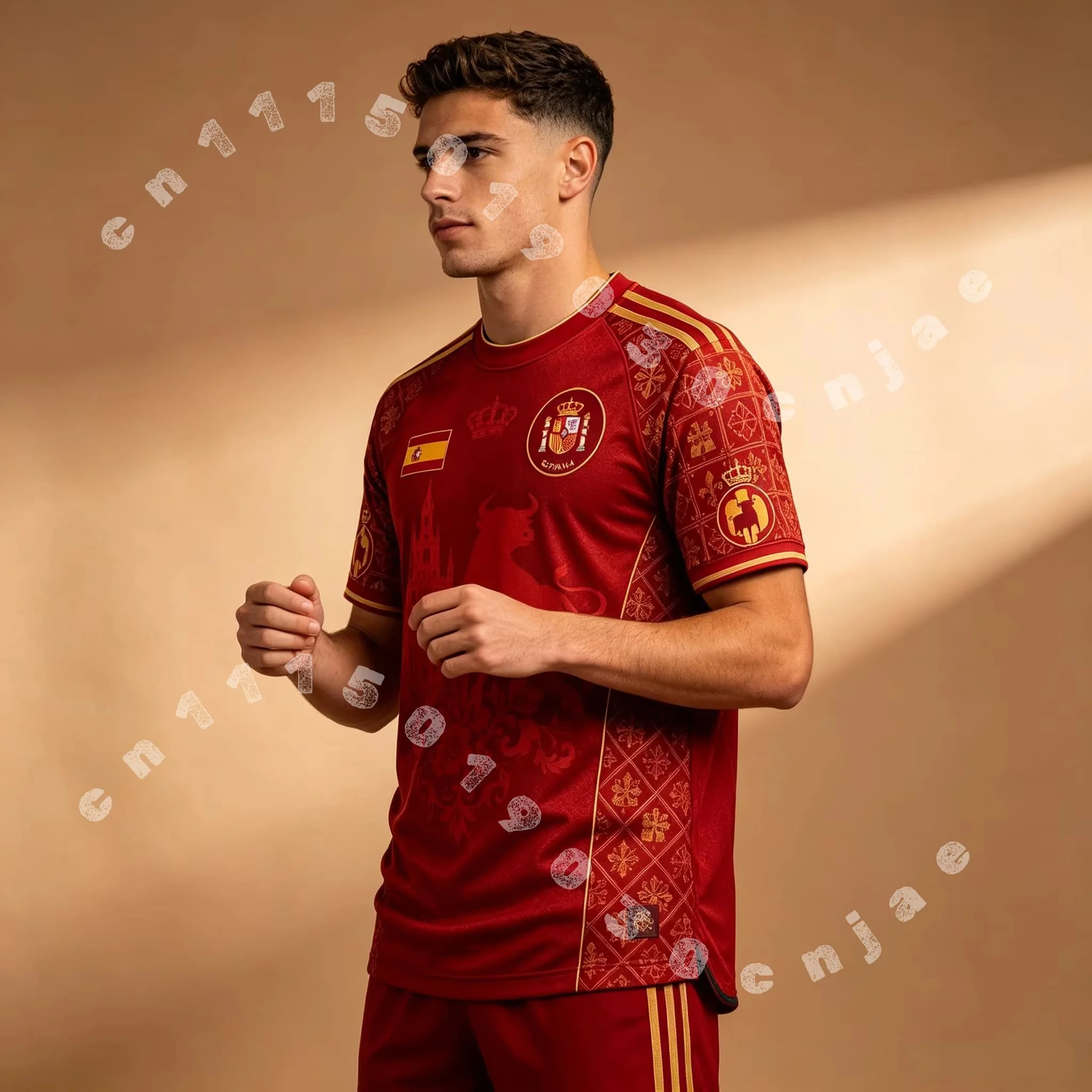 Schnell trocknendes Fußballtrikot für Herren, rotes Fußball-Fan-T-Shirt mit goldenem Stier-Kathedralen-Prägedruck und kurzen Ärmeln für den Trainingssport – Detail 6