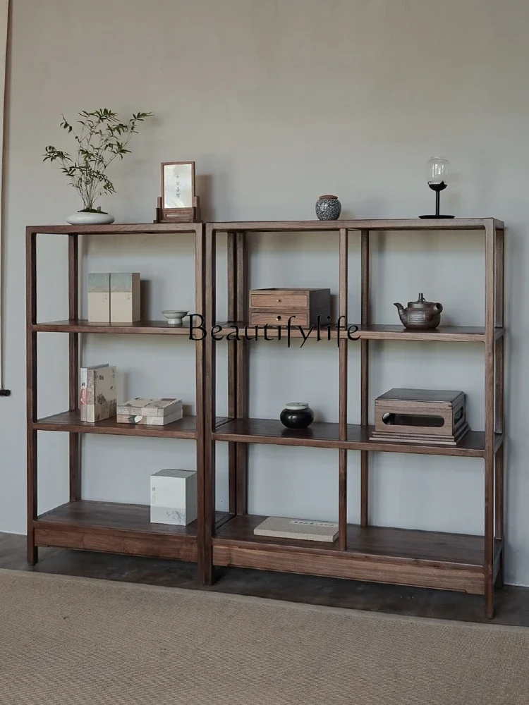 

S Three-Layer Storage Rack Black Walnut Solid Wood Tea Room Tatami New Chinese Style Storage Rack