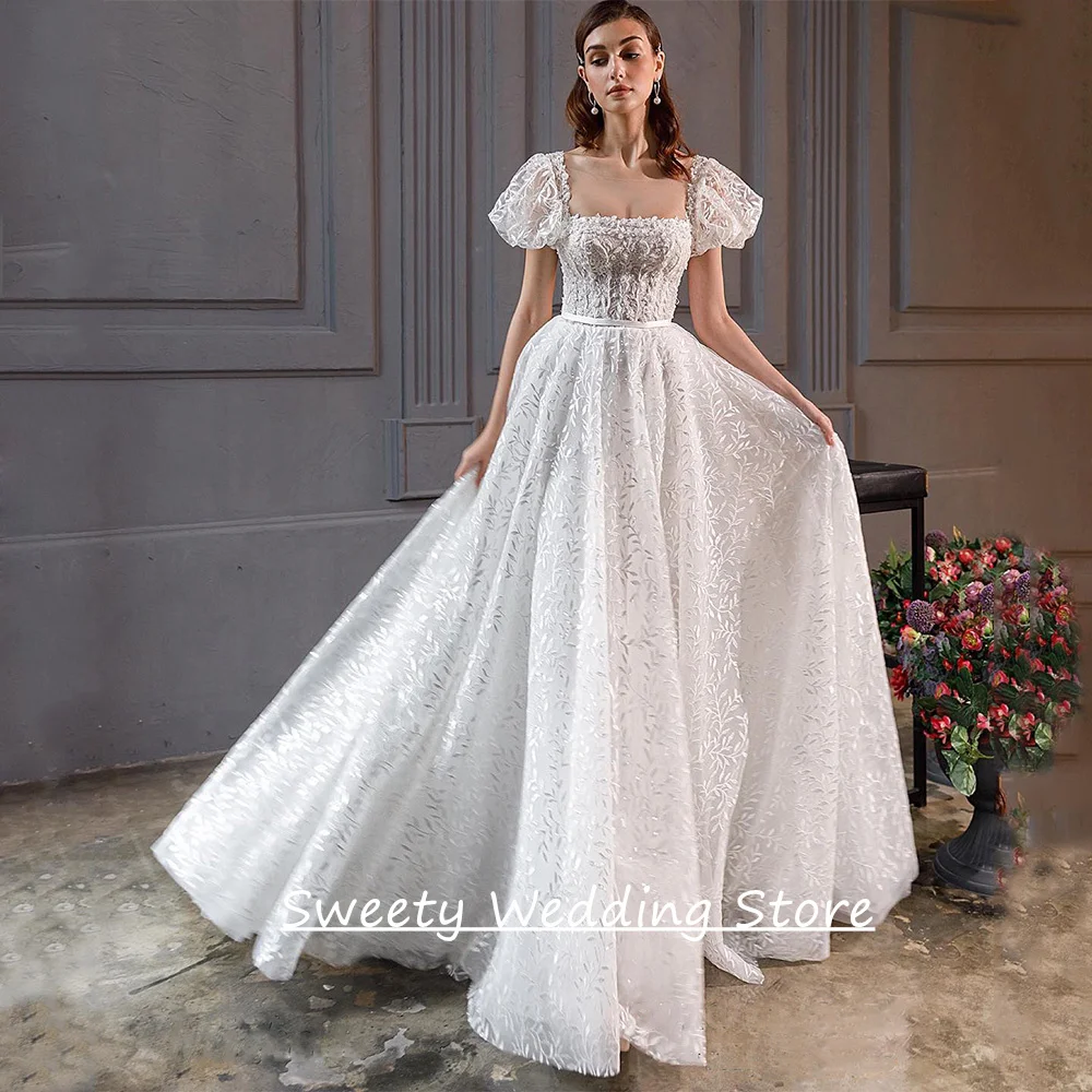 Princess Wedding Dresses Customized Short Sleeves Square Neck Exquisite Lace Sweep Train Bride Bridal Gown Vestido Noiva