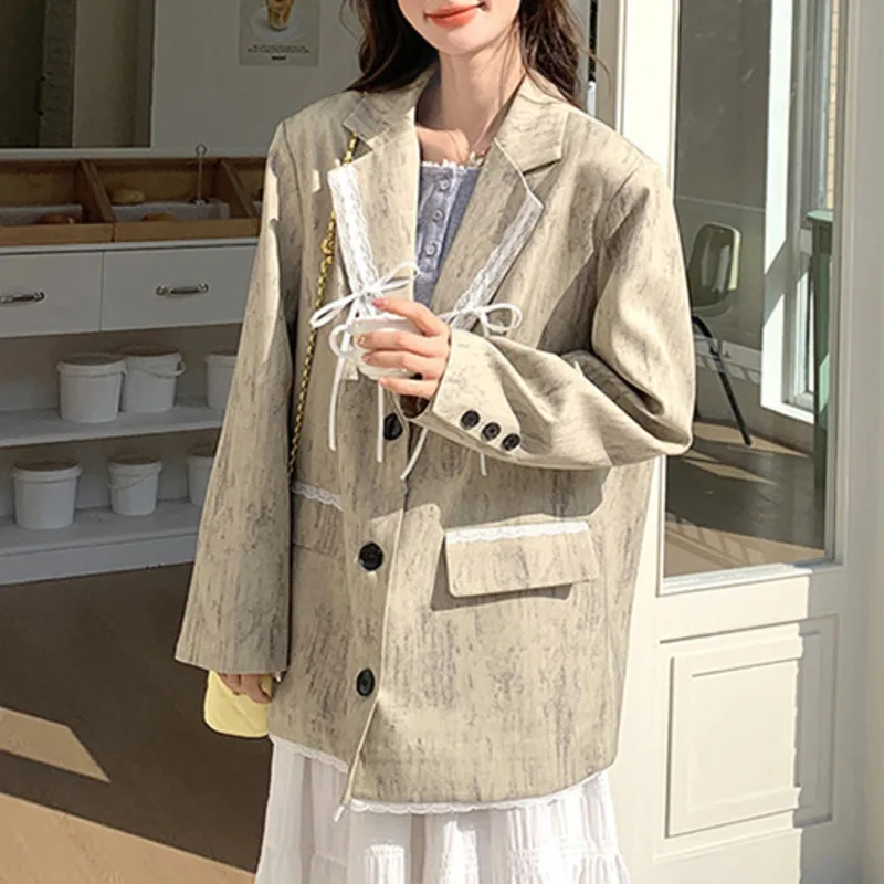 EAEOVNI Giacca da abito con fiocco in pizzo impiombato per donna Moda colletto dentellato Tasche con bottoni Cappotto giacca versatile 2025 Nuovo 1A1133