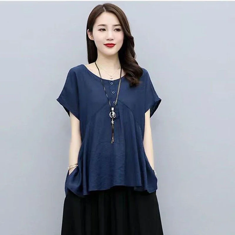 Camisa holgada de manga corta de Color sólido de gran tamaño, Tops versátiles con temperamento informal para cubrir el vientre, ropa de moda para mujer