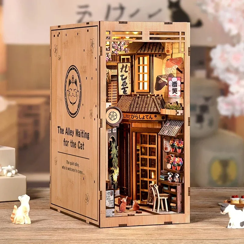 DIY-Holzbuch im japanischen Stil, Nook Alley, die auf Katzen-Miniaturszene wartet, kreatives Geburtstagsgeschenk, Heimdekoration