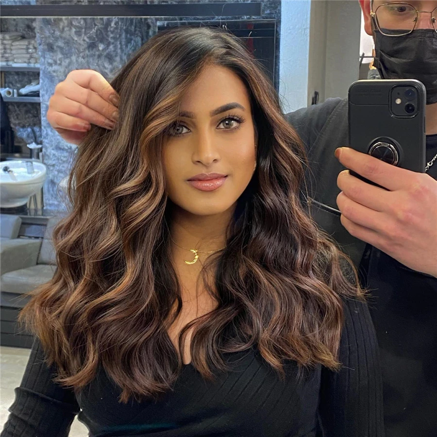 

Fashion Brown Blonde Lace Wig Highlights 6% Human Hair Blend Wigs Loose Wave Preplucked Hairline For Women Cosplay Daily Party