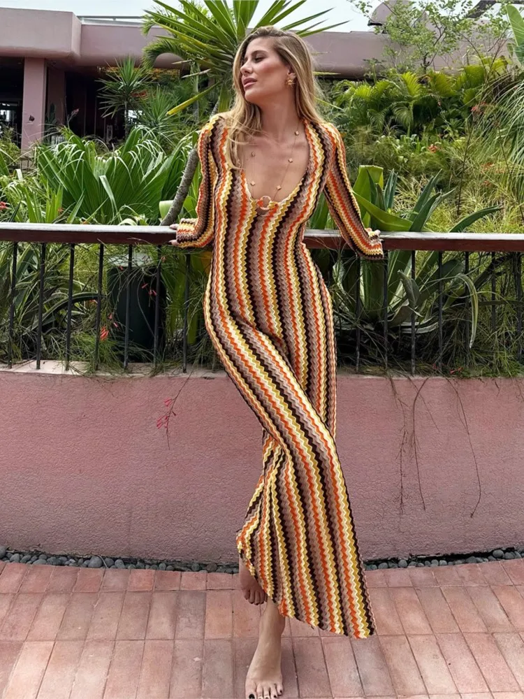 

Women's Slim V Neck Long Sleeve Dress Simple Style Long Dresses Elegant Temperament Slim Vestidos Color Colorful Trendy Casual