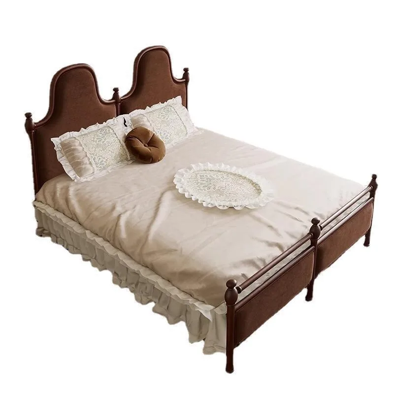 

French Vintage Old Paris Double Bed Full Solid Wood Ash Softbag Bed High Back Bed American Roman Column Wedding Bed