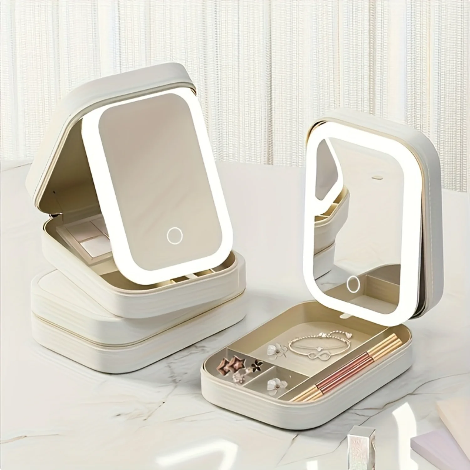 

LED Illuminated Portable Makeup Mirror, Multi-Functional With 3-Color Lighting, Adjustable Folding Design, Jewelry Compartment,