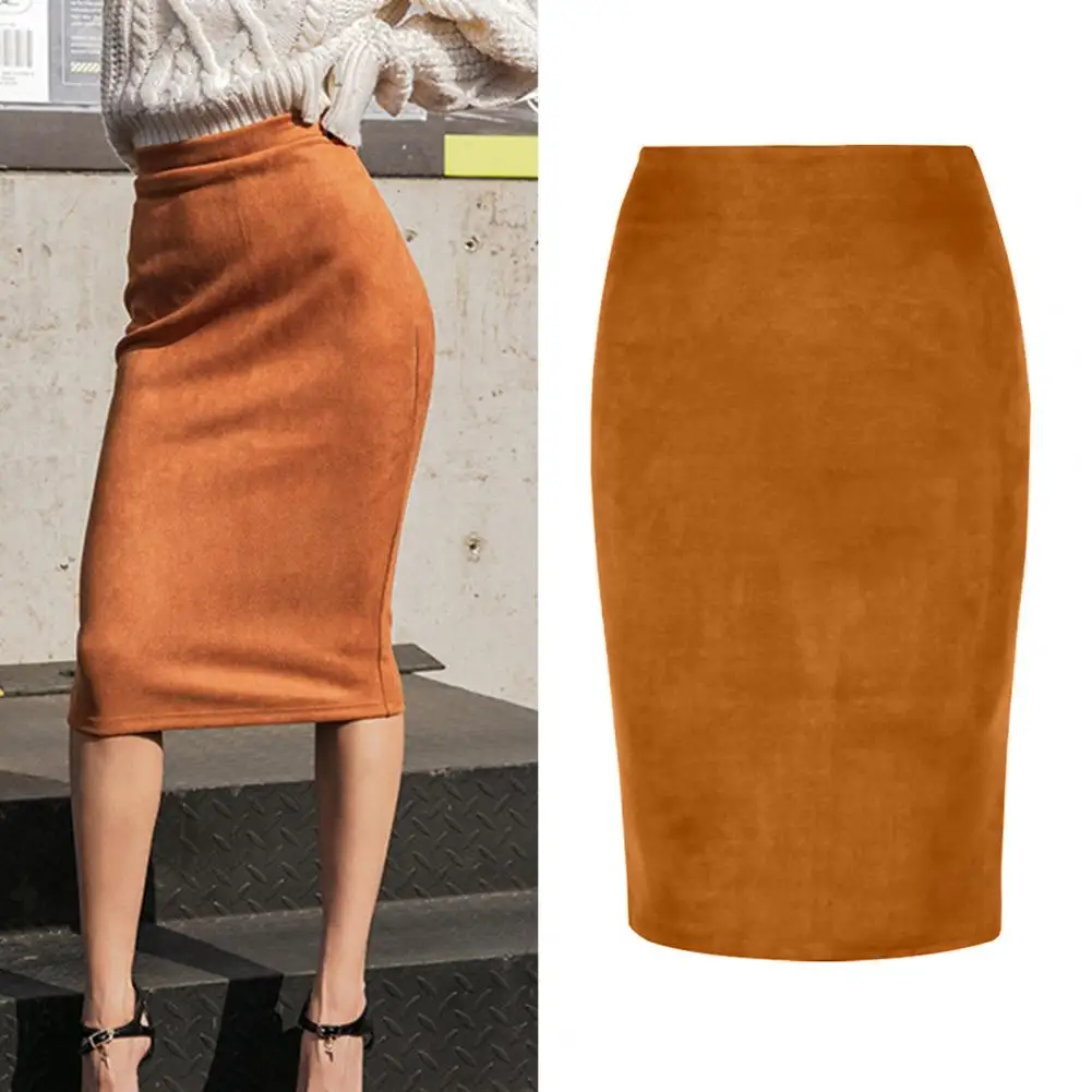 

Sexy Multi Color Suede Midi Pencil Skirt Women Fashion Elastic High Waist Hip Wrapped Office Lady Bodycon Skirts Back Slit 2024