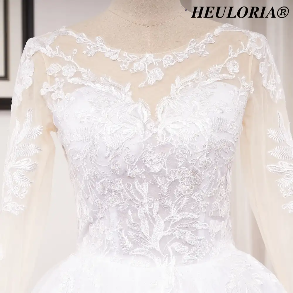 Heiloria-vestido de novia de princesa, prenda de manga larga con cuello redondo, talla grande, con cuentas de encaje