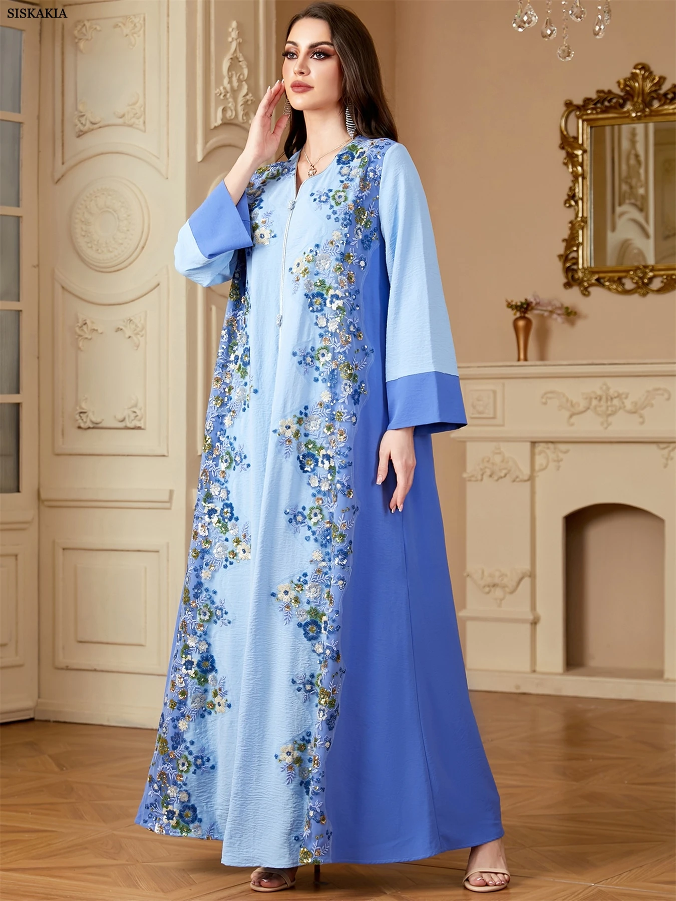 Siskakia Ramadan Dubai Abaya da donna ricamato con paillettes motivo floreale scollo a V elegante casual Kebaya musulmano marocchino abito lungo