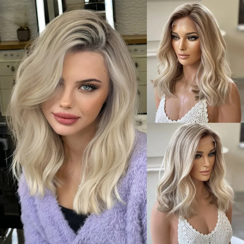 13X4 HD Ombre Ash Blonde Wig with Dark Roots Party Short Bob Wavy Lace Front Wig Synthetic And Blend Glueless For Women 20''
