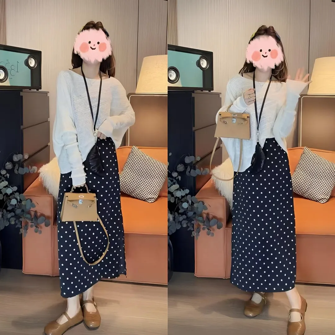 

Korean Style Spring Summer New Fashion Knitted Shoulder Bared Two-Piece Set with Polka Dot Half Skirt Slimming Effect