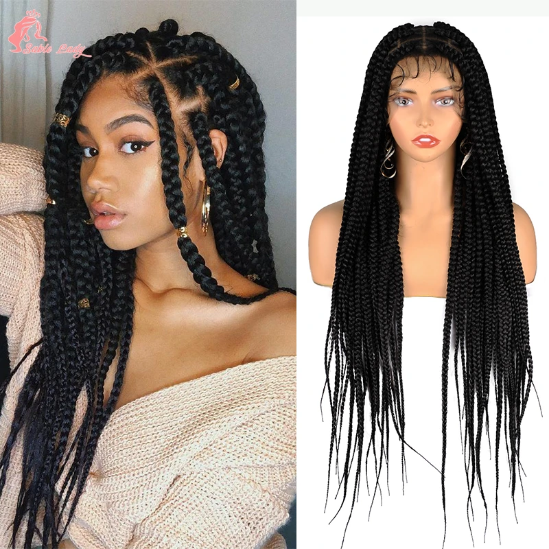 Synthetic Jumbo Box Braided Wig for Black Women Full Lace Large Box Knotless Braid Wigs Cornrow Braids Wig Pre-pluck Baby  Hair