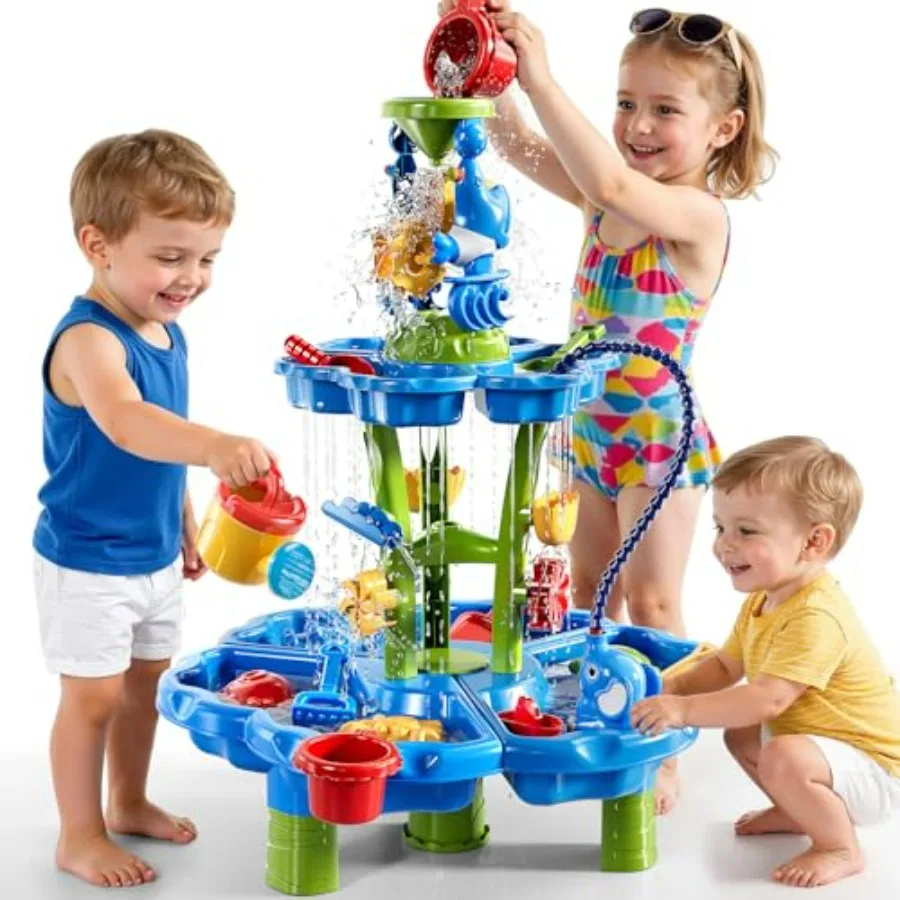 2-Tier Auto Water Table with Pump for Outdoor Beach Backyard Sensory Play, Blue Plastic, Easy-Drain Feature