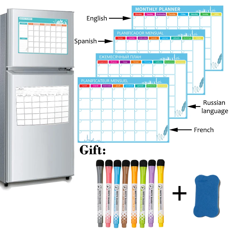 Magnetic Dry Erase Whiteboard A3 Size Learning Course Monthly Weekly Planner Calendar Table Bulletin Board Russian French Spain