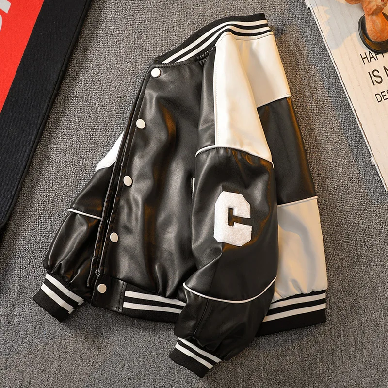 

New Fashion Junior Boys Club Varsity Jackets Old Colorblock Boys Crew Neck PU Coat For Kids Loose Bomber Jackets 4-12 Yrs