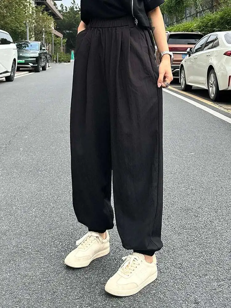 

High Elastic Waist Black Brief Pocket Casual Wide Leg Pants New Trousers Women Fashion Tide Spring Autumn