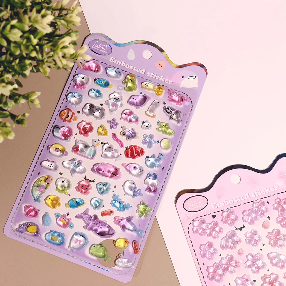 

1/5pcs Cute Embossed Animal 3D Crystal Stickers Kawaii Marine Life Astronaut Relief Sticker DIY Laptop Cartoon Reward Decals Toy